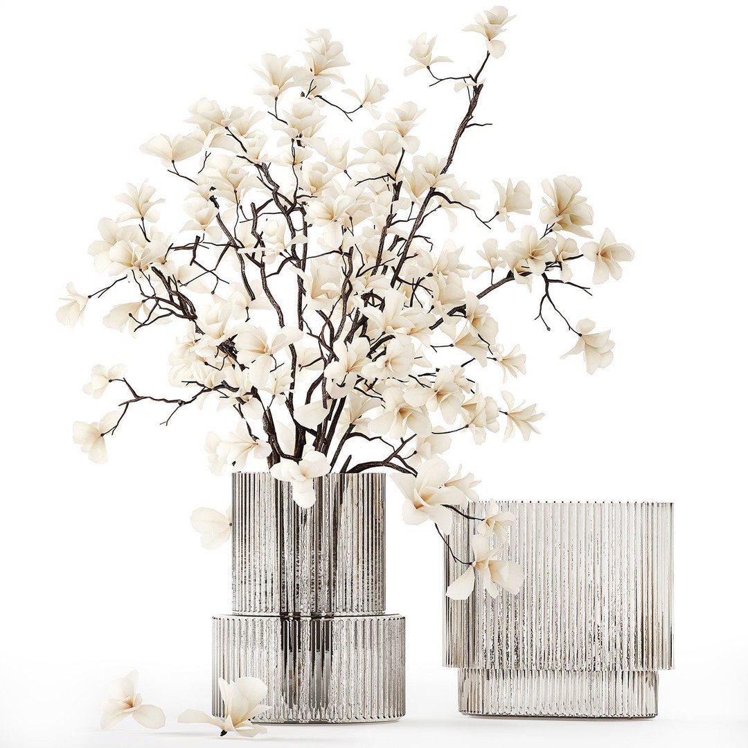 Magnolia Bouquet 3D Model – Beautiful White Flowers in Glass Vase - View 8