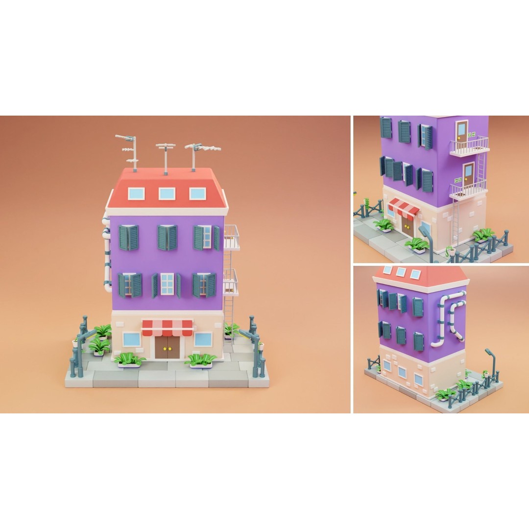 Cartoon City Islands Exteriors 2 3D Model – Low Poly Game Asset, FBX - View 5