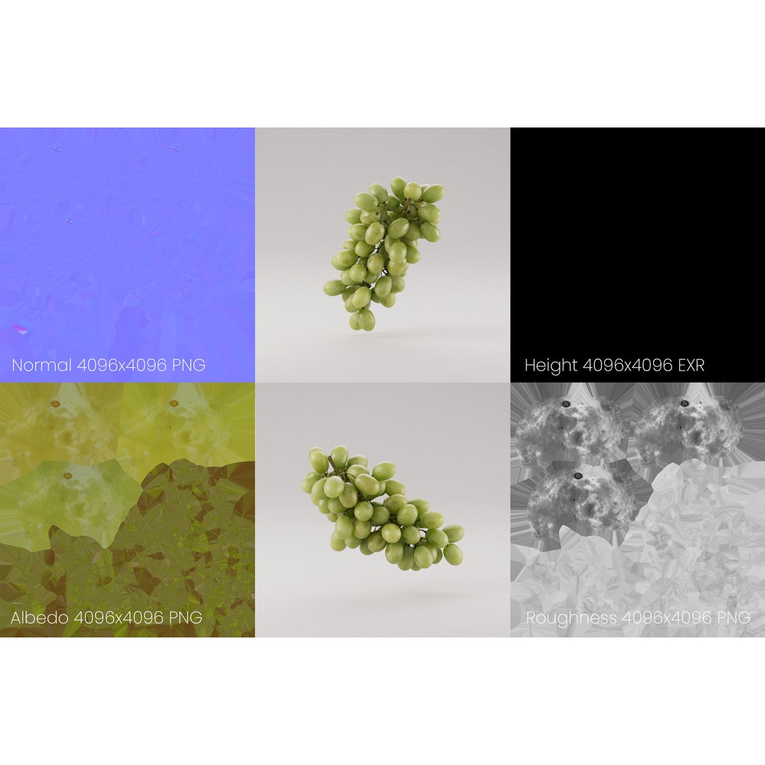 Realistic Green Grapes 3D Model – Photogrammetry Asset, FBX, OBJ, PBR