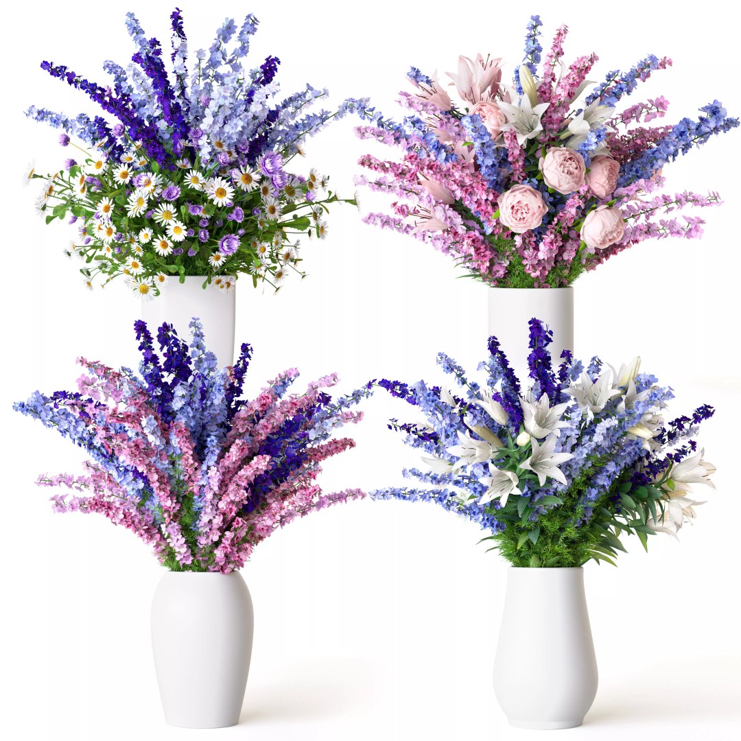 Bouquets of Delphinium, Chamomile, Peonies & Lilies 3D Model – High Poly Game Asset, FBX, OBJ - View 10