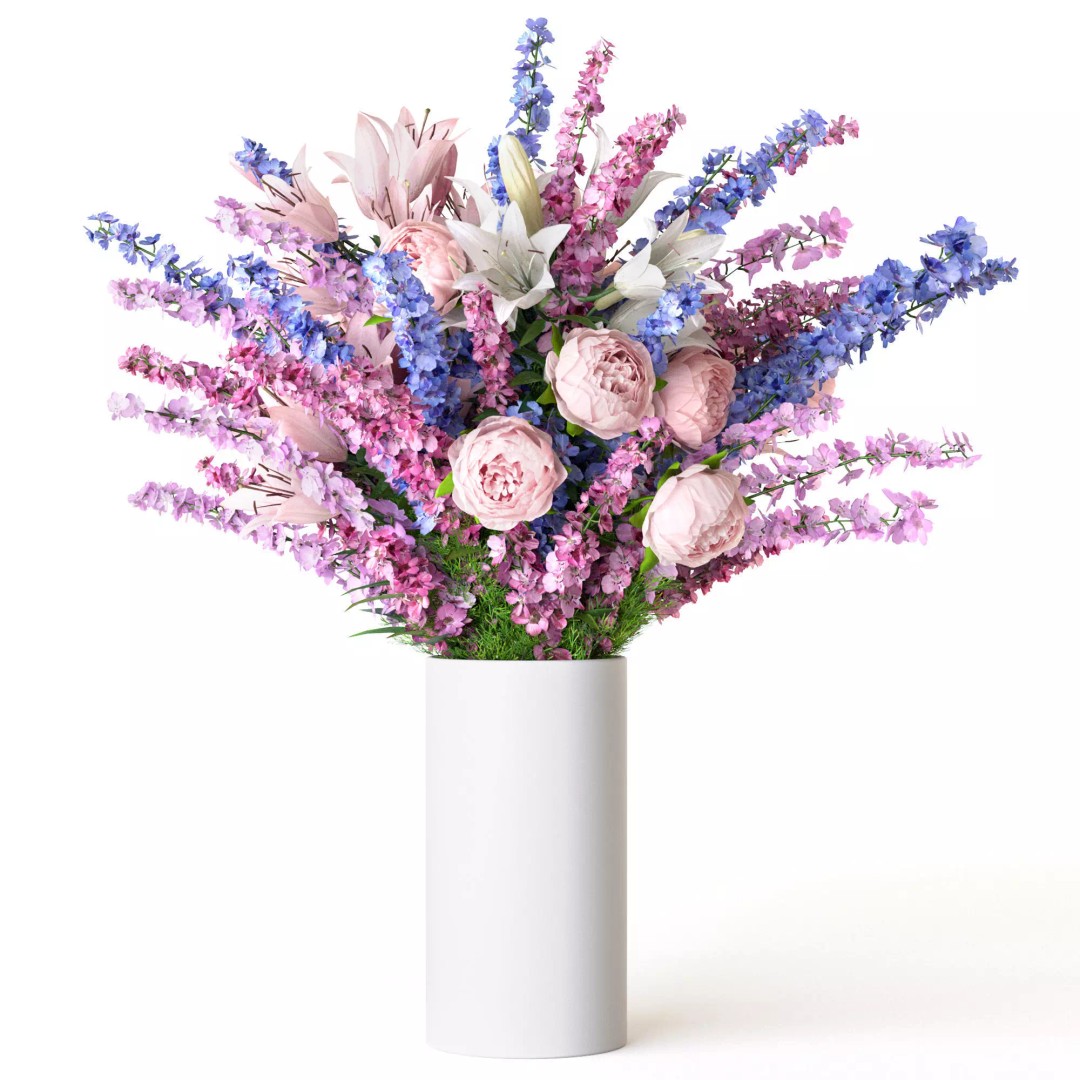 Bouquets of Delphinium, Chamomile, Peonies & Lilies 3D Model – High Poly Game Asset, FBX, OBJ - View 11
