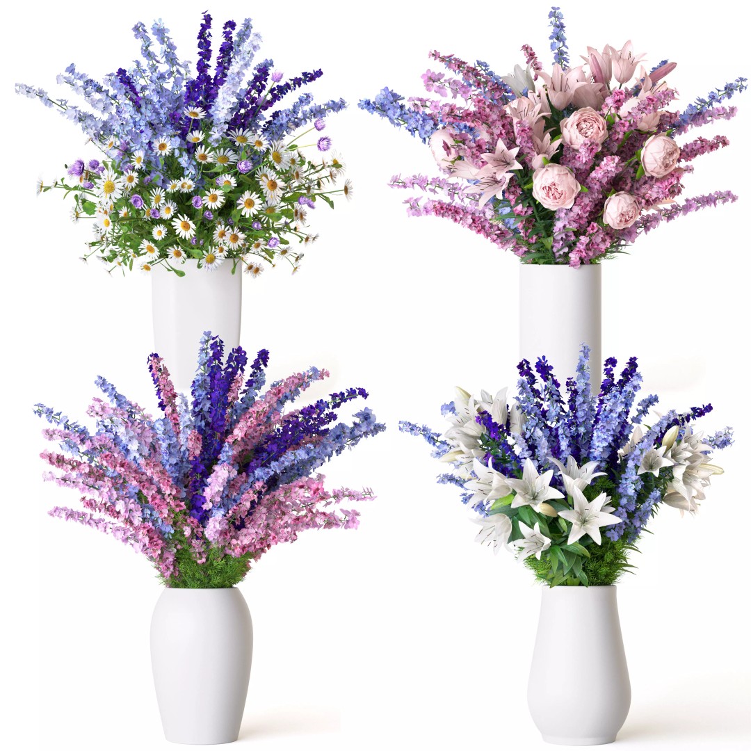 Bouquets of Delphinium, Chamomile, Peonies & Lilies 3D Model – High Poly Game Asset, FBX, OBJ - View 2