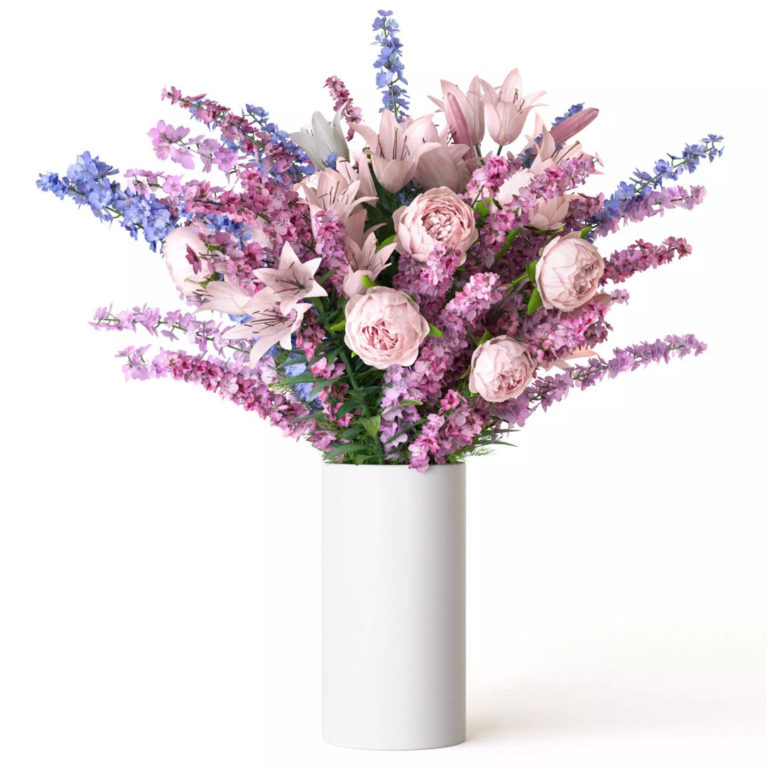 Bouquets of Delphinium, Chamomile, Peonies & Lilies 3D Model – High Poly Game Asset, FBX, OBJ - View 3