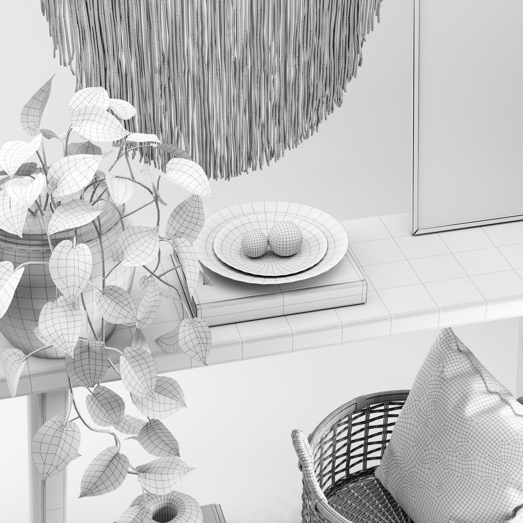 Wooden Table 3D Model – Boho Decor Set with Plants and Wicker