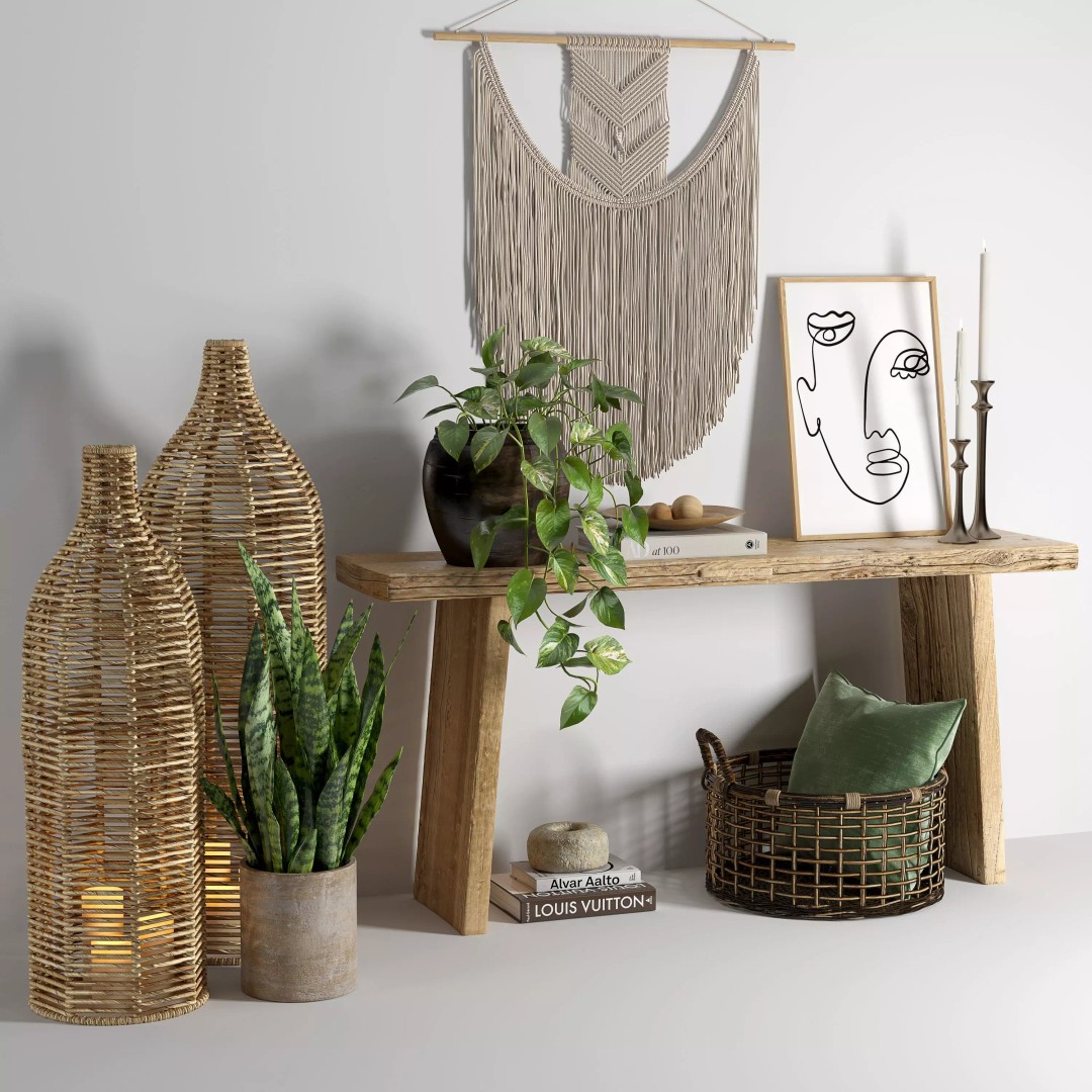 Wooden Table 3D Model – Boho Decor Set with Plants and Wicker - View 2