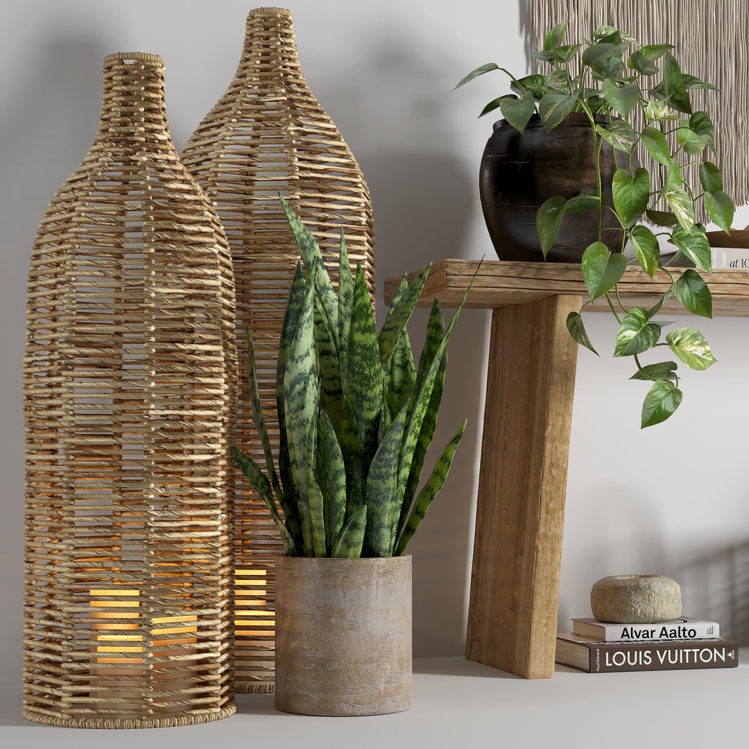 Wooden Table 3D Model – Boho Decor Set with Plants and Wicker - View 3