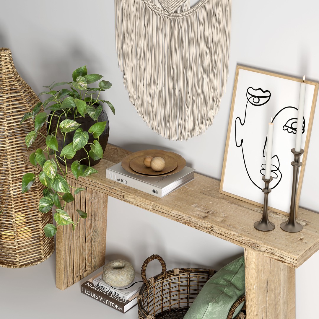 Wooden Table 3D Model – Boho Decor Set with Plants and Wicker - View 5