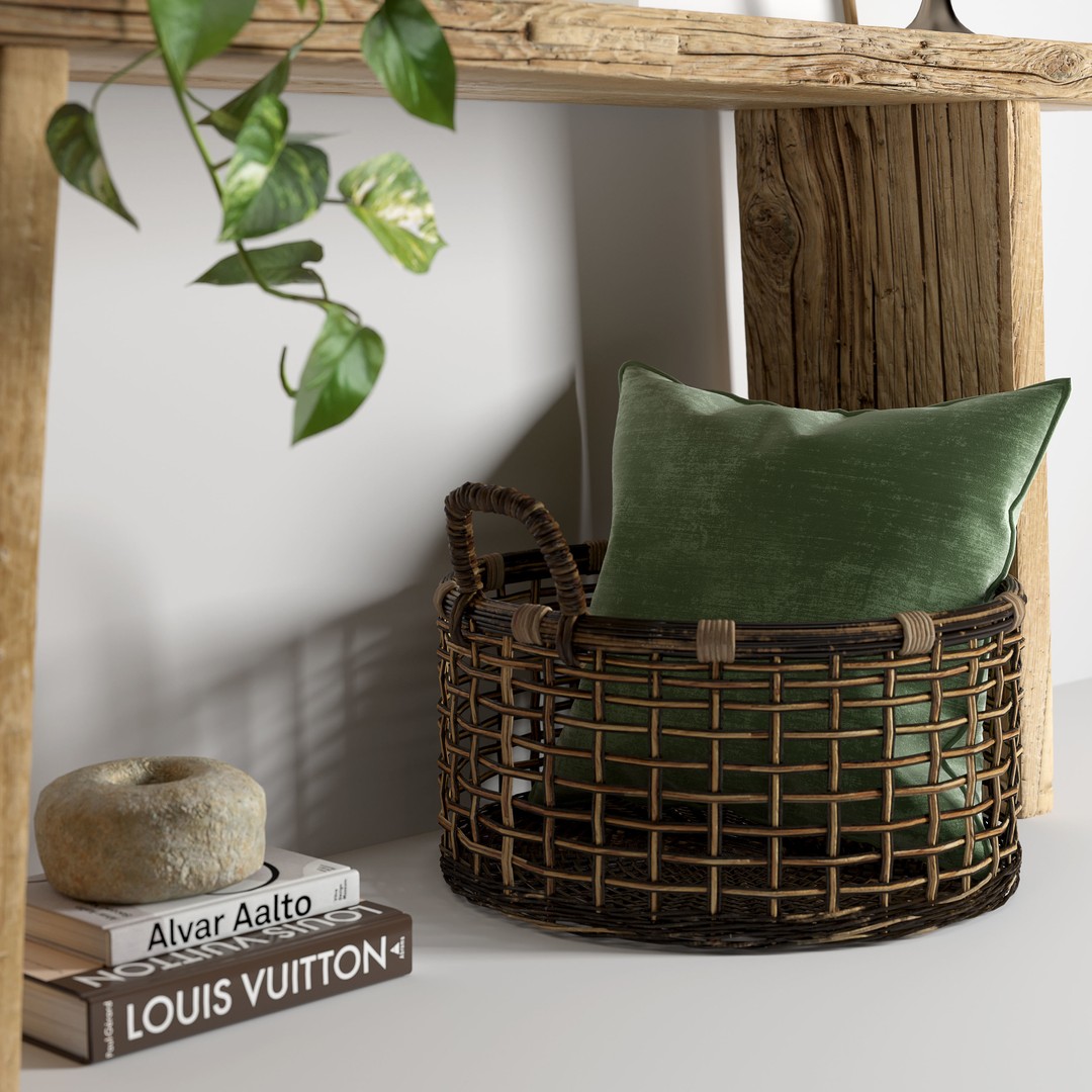 Wooden Table 3D Model – Boho Decor Set with Plants and Wicker - View 6