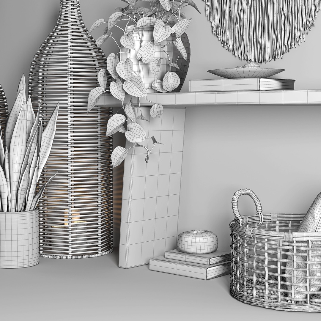 Wooden Table 3D Model – Boho Decor Set with Plants and Wicker - View 9