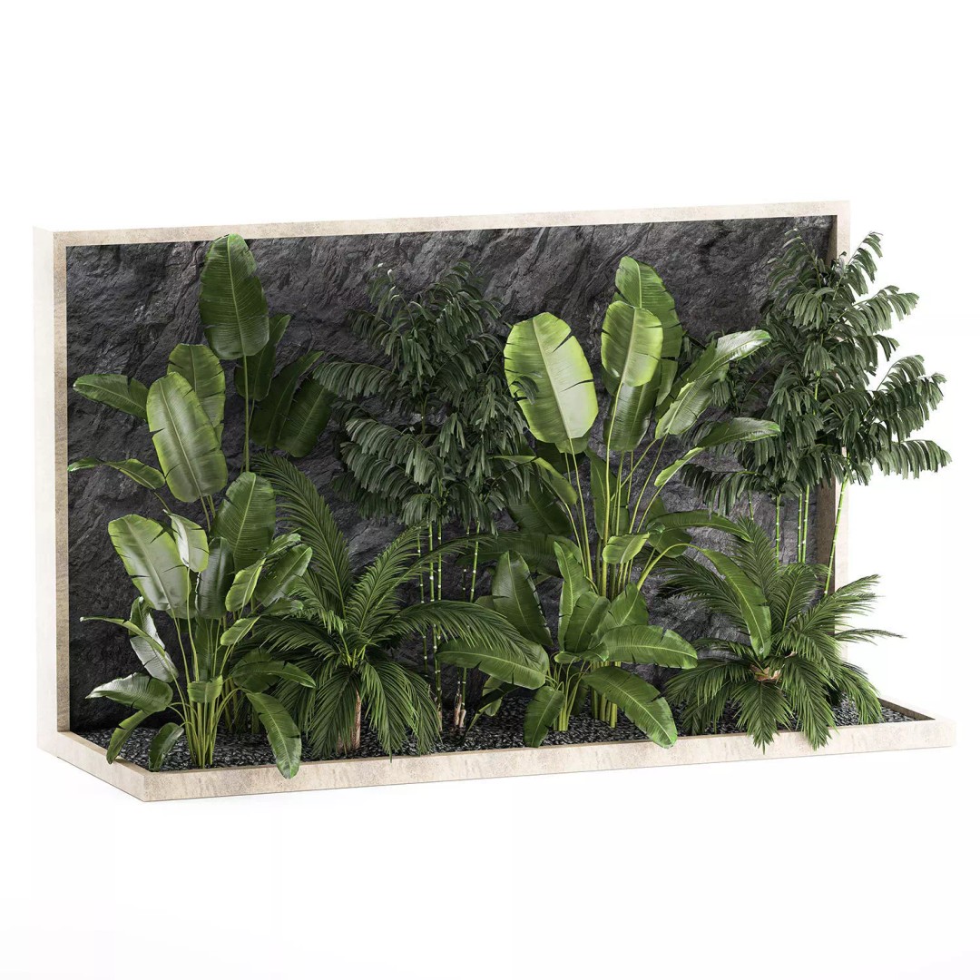 Tropical Home Garden 3D Model – Stylish Landscape with Rock Wall, FBX - View 2