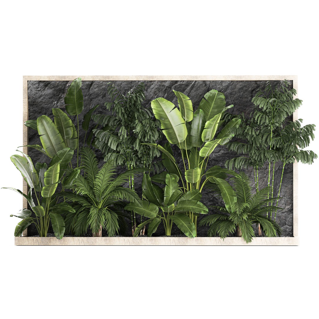Tropical Home Garden 3D Model – Stylish Landscape with Rock Wall, FBX - View 3