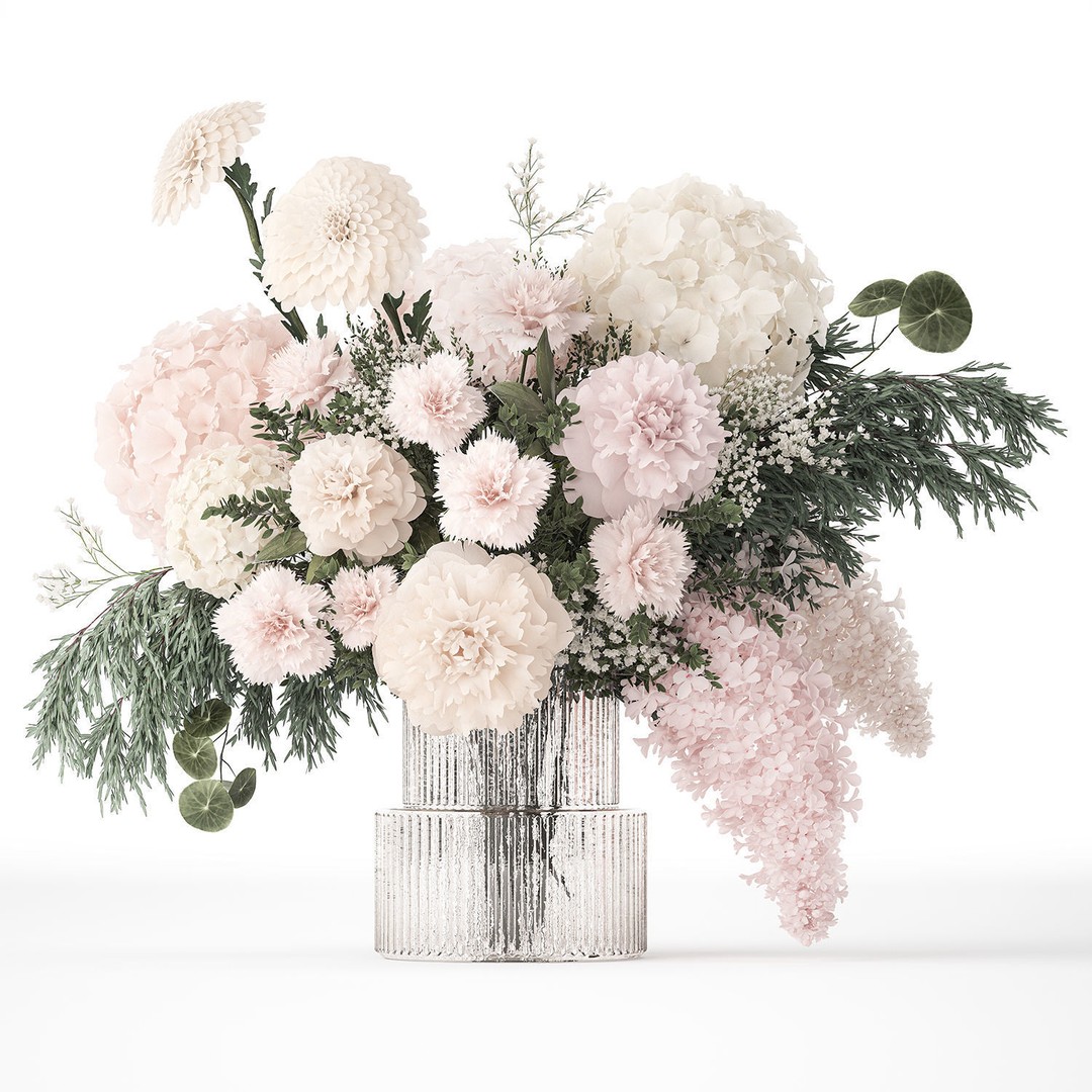 Pink Bouquet 3D Model – Decorative Floral Arrangement in Glass Vase - View 10