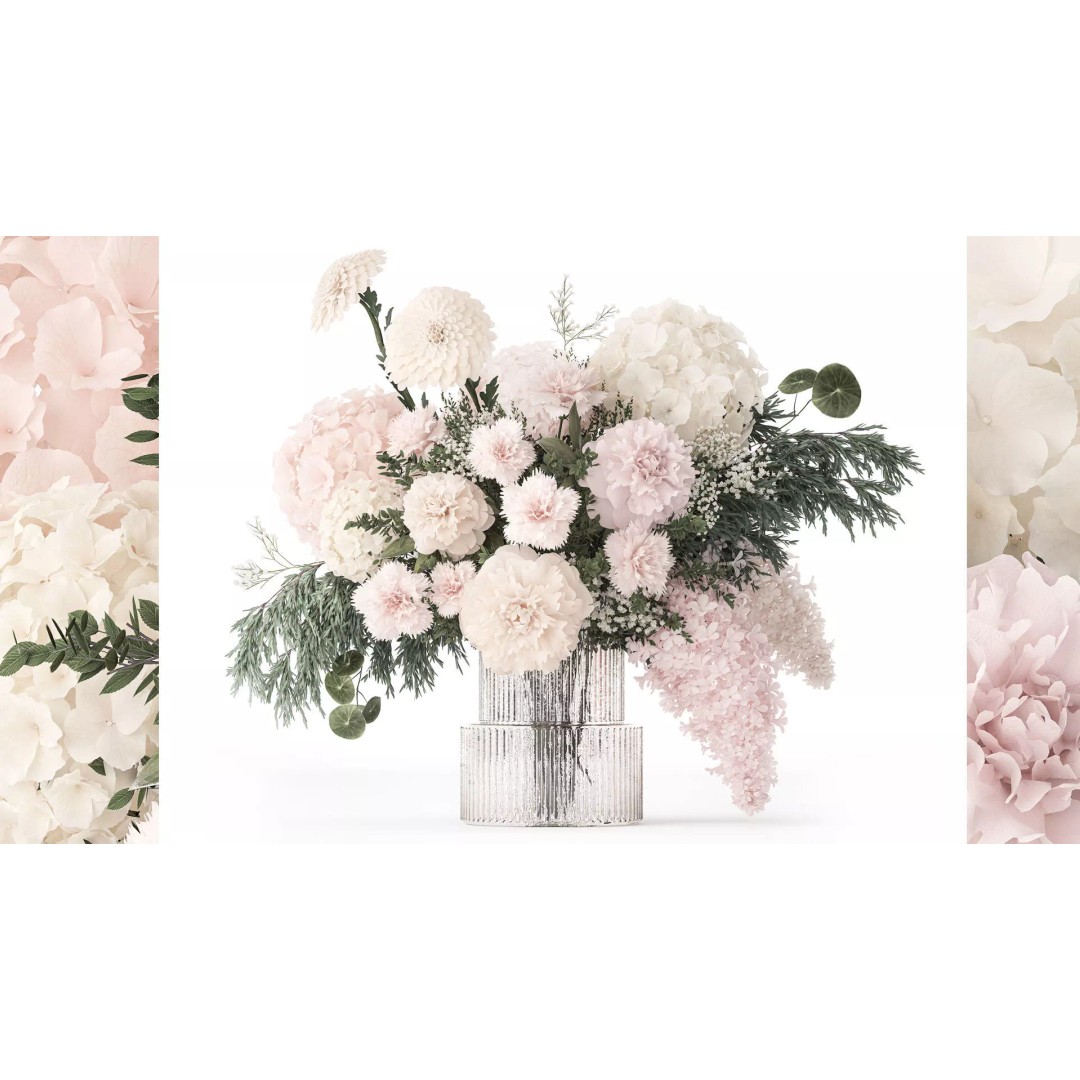Pink Bouquet 3D Model – Decorative Floral Arrangement in Glass Vase - View 2