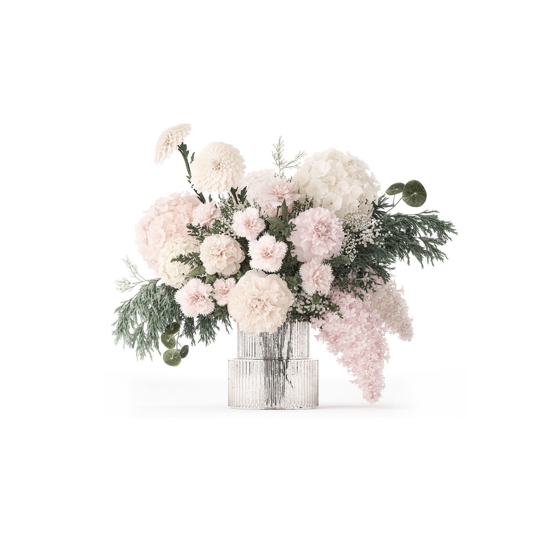 Pink Bouquet 3D Model – Decorative Floral Arrangement in Glass Vase - View 3