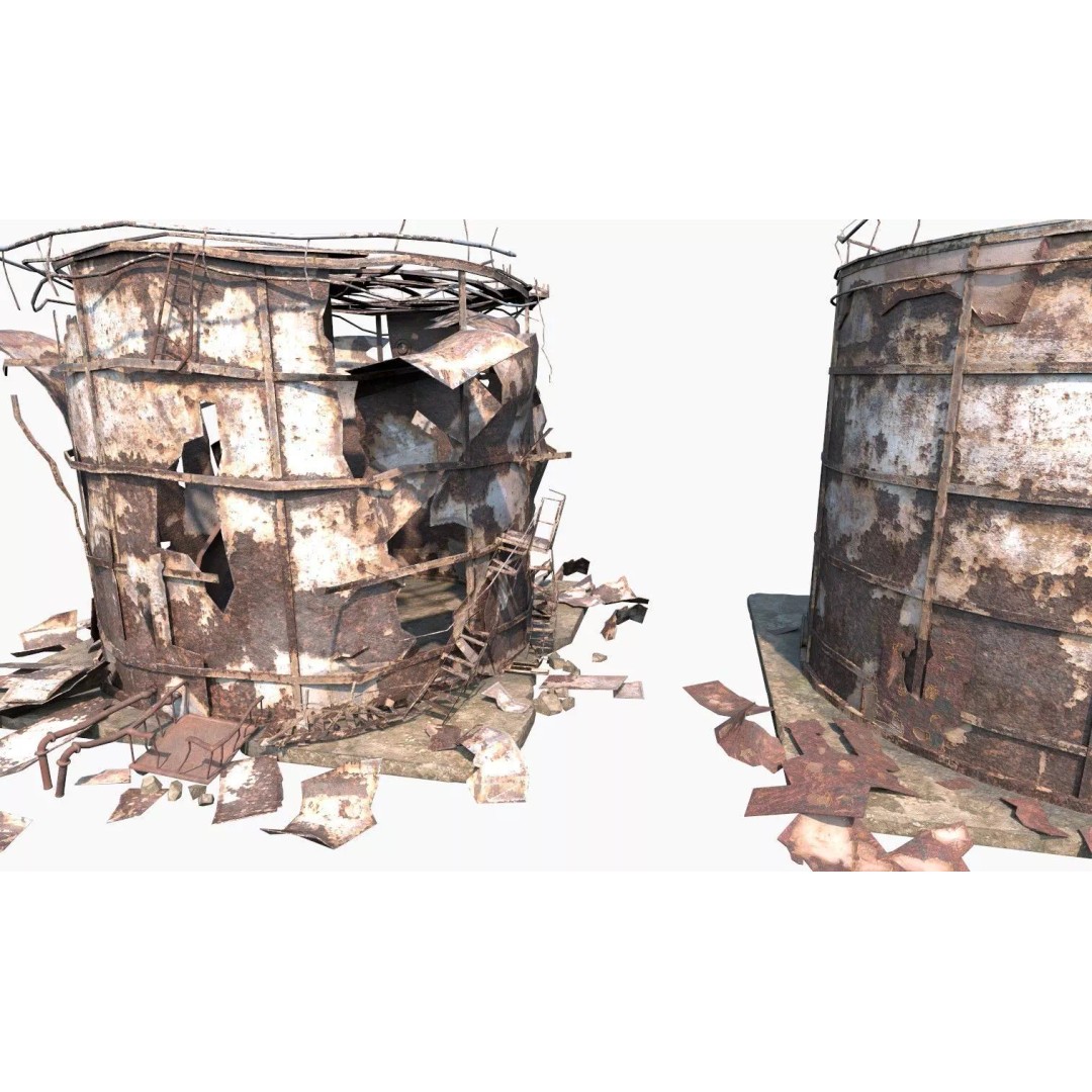 Destroyed Industrial Oil Tank Duo 3D Model – Realistic PBR Asset, FBX - View 11