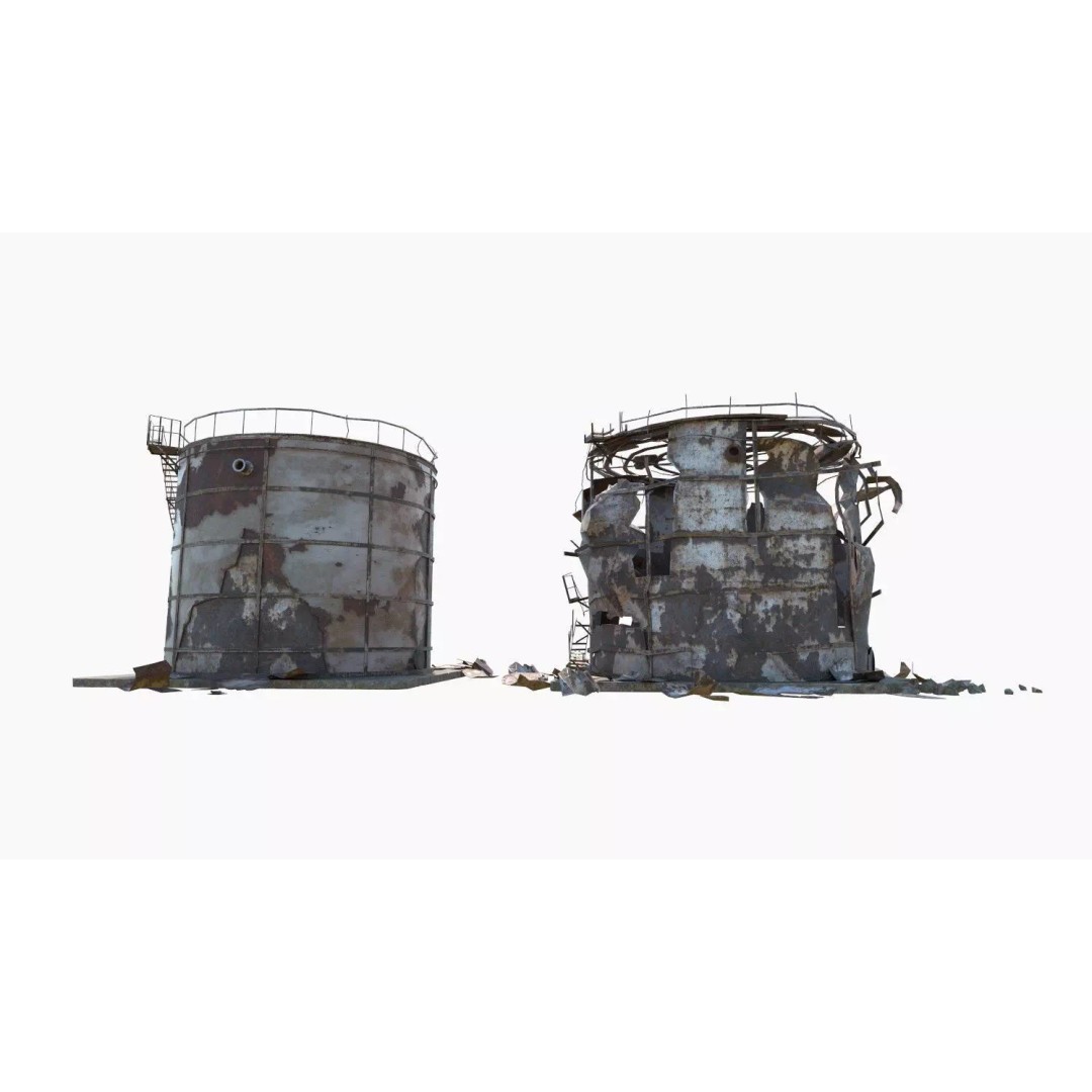 Destroyed Industrial Oil Tank Duo 3D Model – Realistic PBR Asset, FBX - View 12