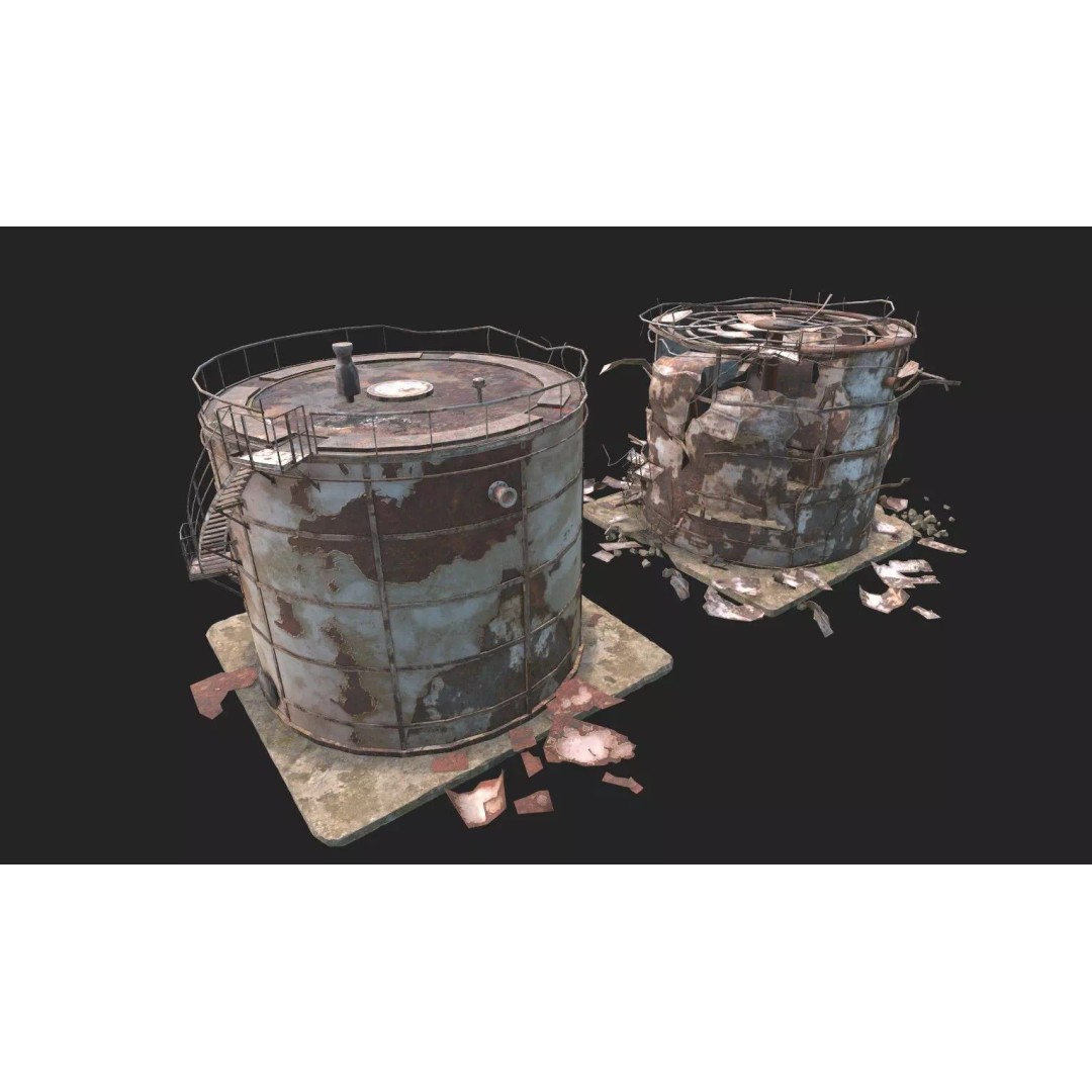 Destroyed Industrial Oil Tank Duo 3D Model – Realistic PBR Asset, FBX - View 14