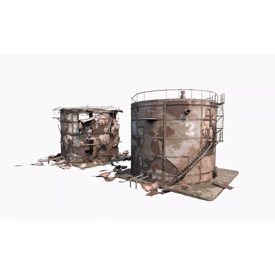 Destroyed Industrial Oil Tank Duo 3D Model – Realistic PBR Asset, FBX - View 2
