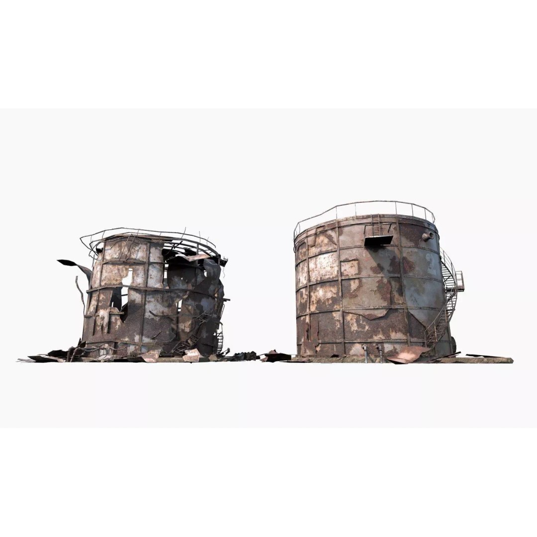 Destroyed Industrial Oil Tank Duo 3D Model – Realistic PBR Asset, FBX - View 3