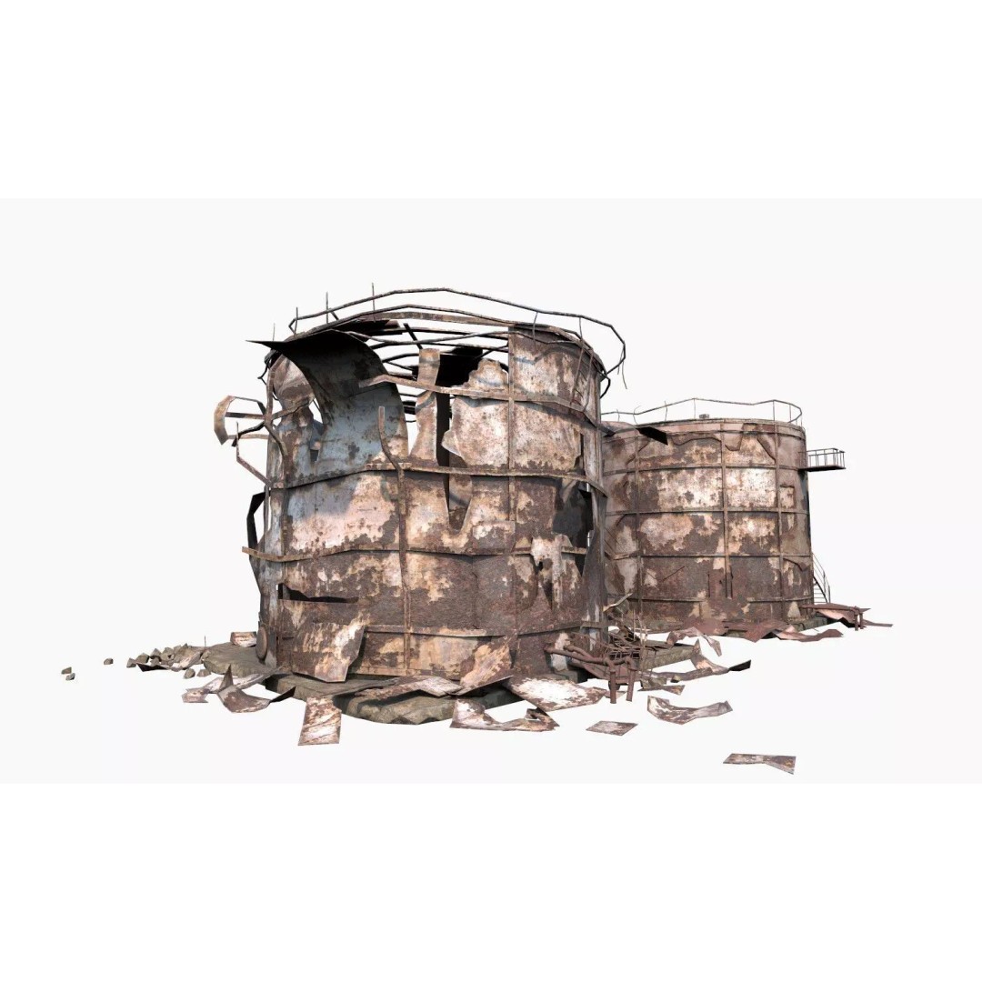 Destroyed Industrial Oil Tank Duo 3D Model – Realistic PBR Asset, FBX - View 5
