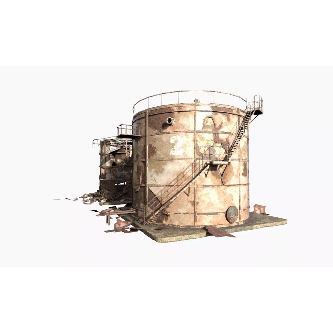 Destroyed Industrial Oil Tank Duo 3D Model – Realistic PBR Asset, FBX - View 9