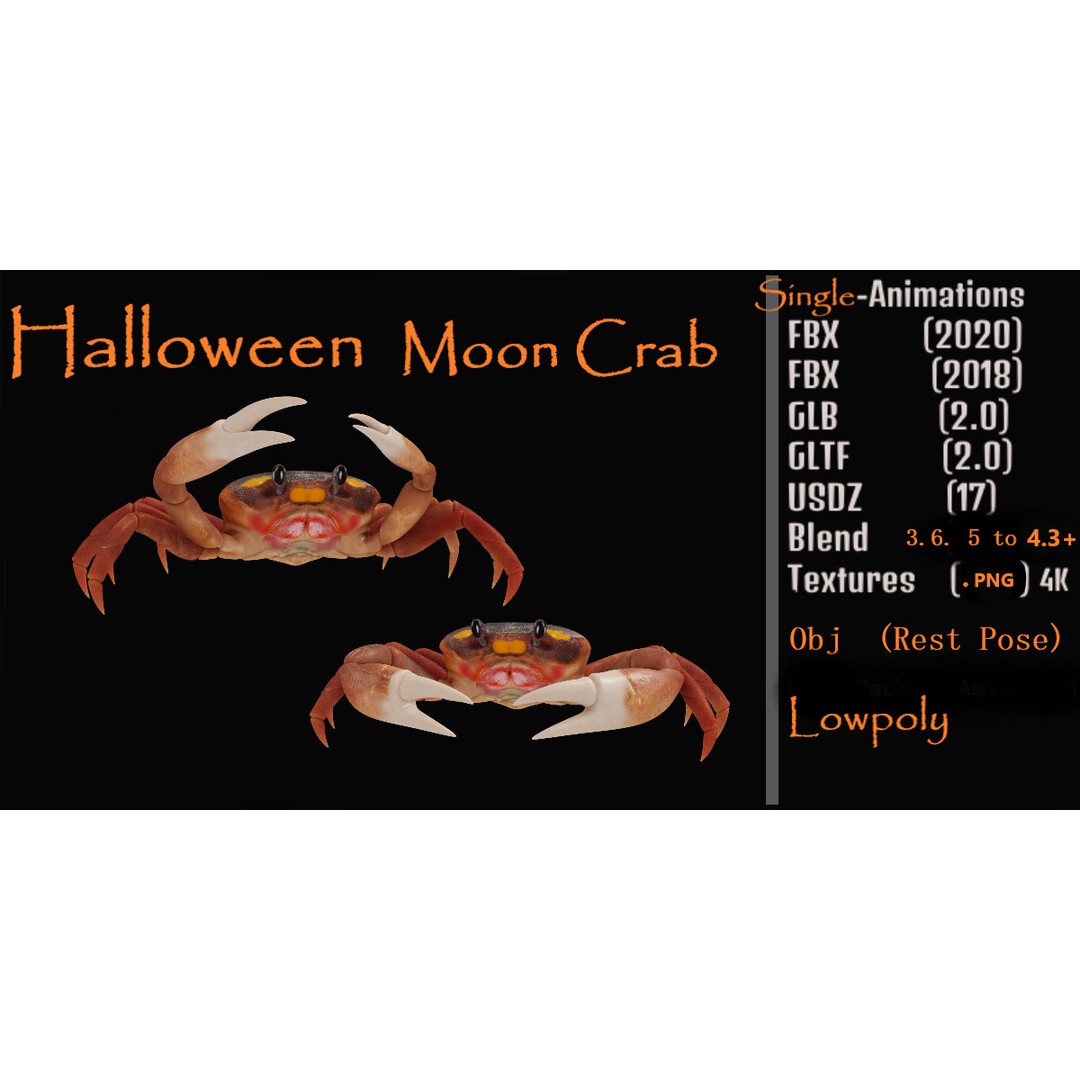 Halloween Moon Crab 3D Model – Low Poly Game Asset, FBX, PBR Textures - View 3