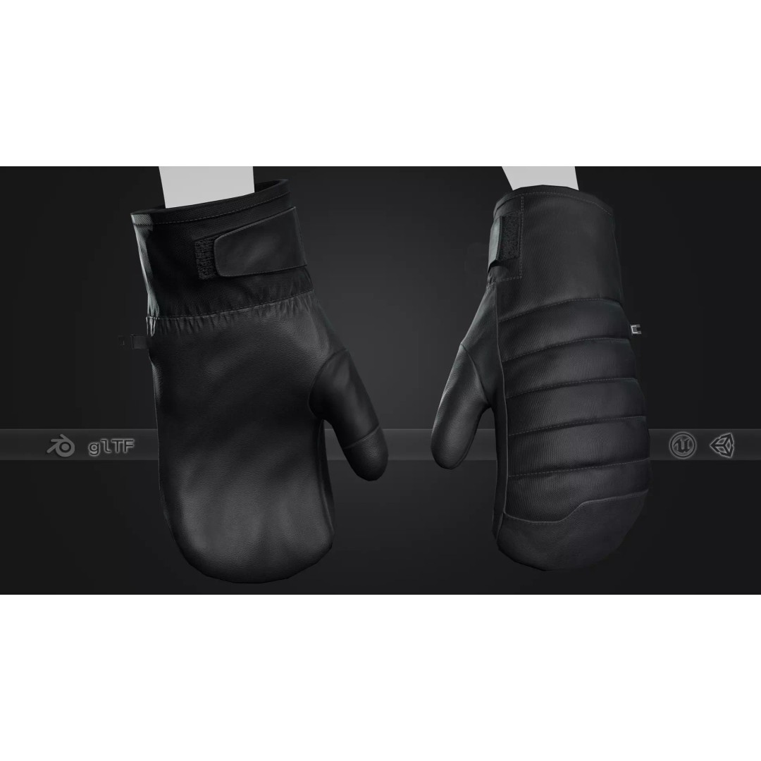 Full Black Snowboard Gloves 3D Model – Low Poly PBR Asset, FBX, OBJ - View 2