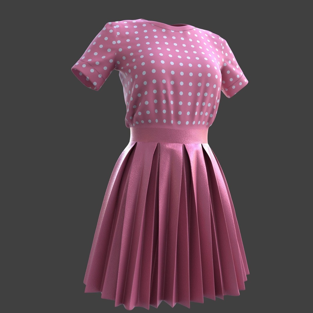 Pleated Dress 3D Model – Elegant Female Outfit, PBR Textures