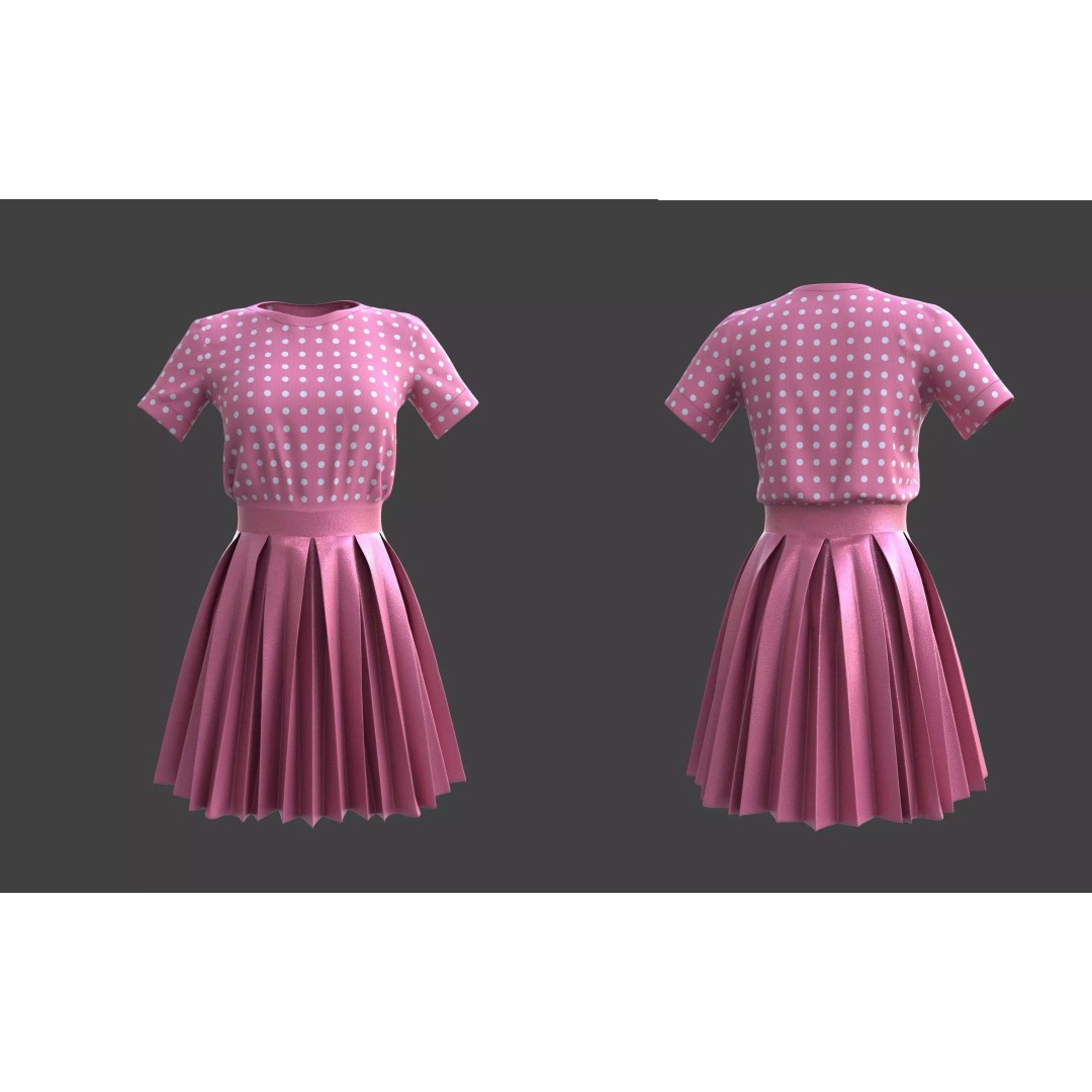 Pleated Dress 3D Model – Elegant Female Outfit, PBR Textures - View 2