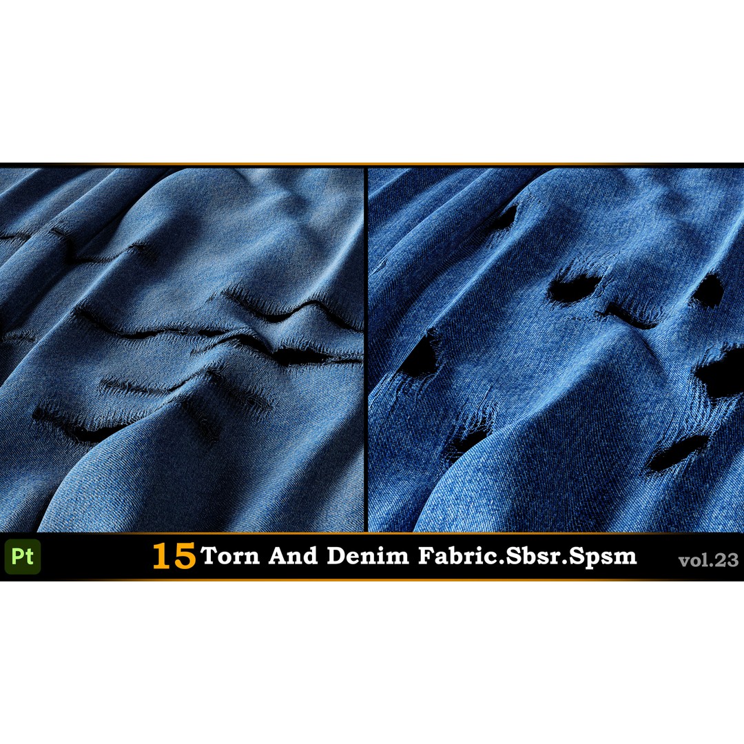 15 Torn & Denim Fabric 3D Model – SBSR & SPSM Textures for Painter - View 6