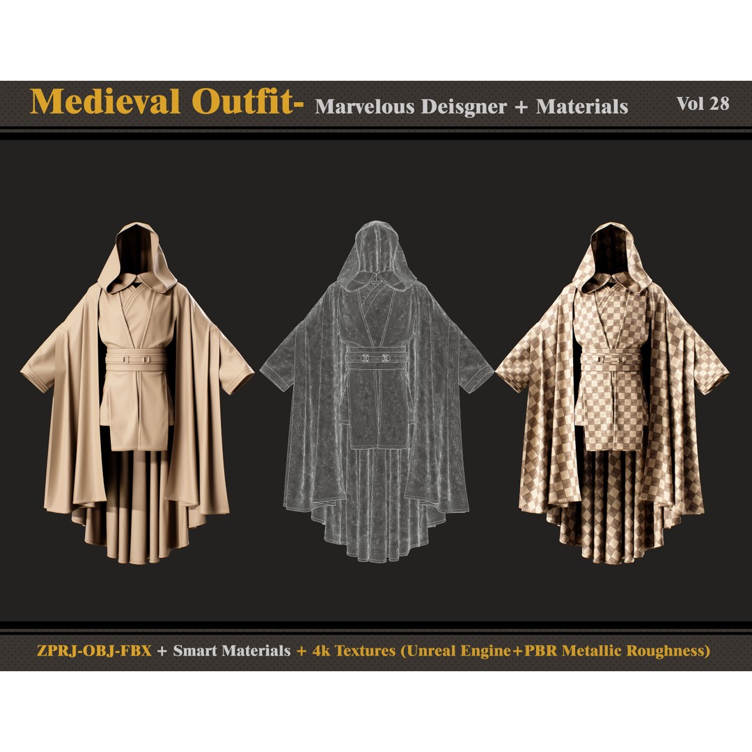 Medieval Outfit 3D Model – Gothic Clothing with Textures, FBX, OBJ