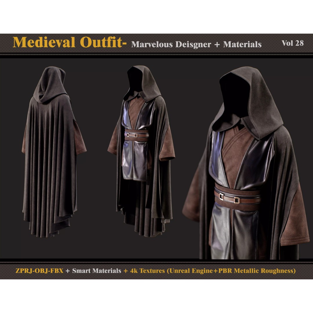 Medieval Outfit 3D Model – Gothic Clothing with Textures, FBX, OBJ - View 2