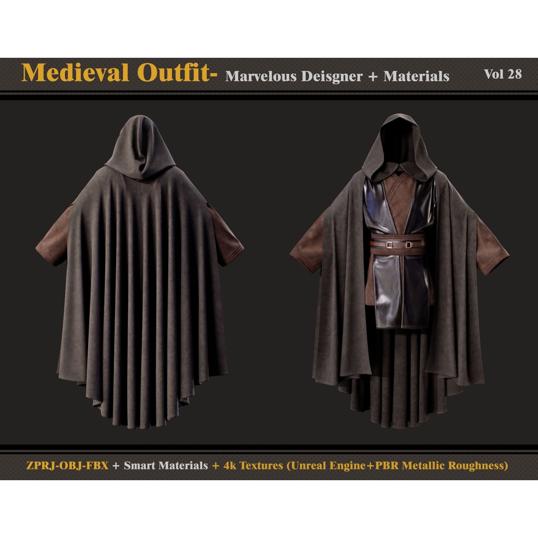 Medieval Outfit 3D Model – Gothic Clothing with Textures, FBX, OBJ - View 3