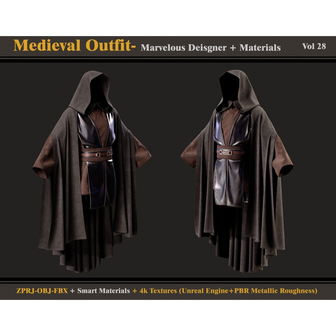 Medieval Outfit 3D Model – Gothic Clothing with Textures, FBX, OBJ - View 6