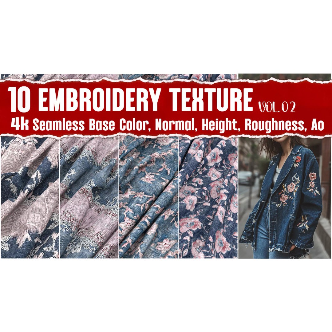 Embroidery Fabric 3D Model – 4K Seamless PBR Textures, PNG - View 2