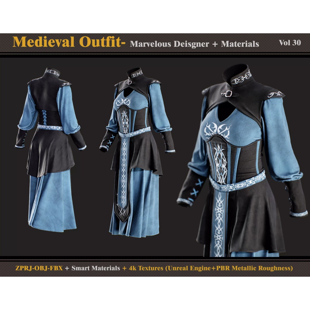 Medieval Outfit 3D Model – Fantasy Costume with PBR Textures, FBX & OBJ - View 2