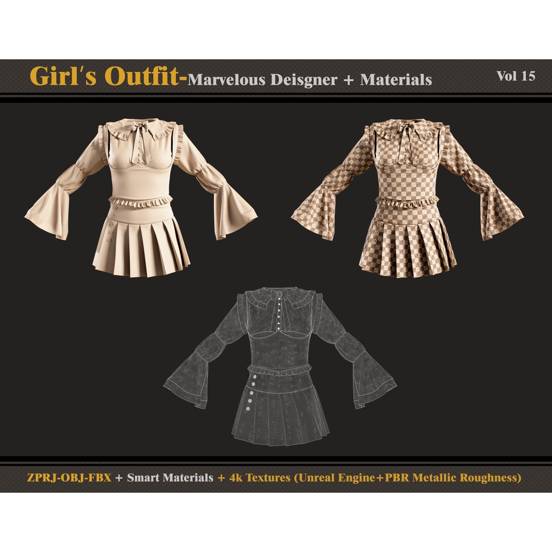 Girls Outfit 3D Model – Fashion Dress with Smart Materials, FBX & OBJ