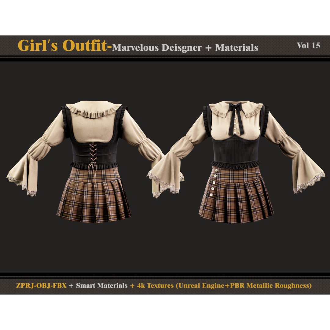 Girls Outfit 3D Model – Fashion Dress with Smart Materials, FBX & OBJ - View 3
