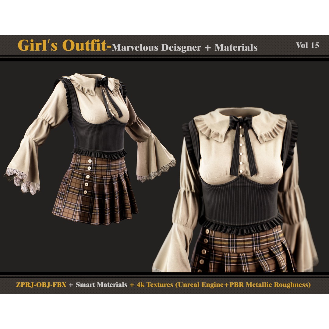Girls Outfit 3D Model – Fashion Dress with Smart Materials, FBX & OBJ - View 4