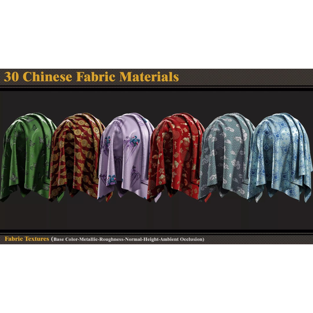 Chinese Fabric Materials 3D Model – 30 PBR Textures, SBSAR Format - View 4
