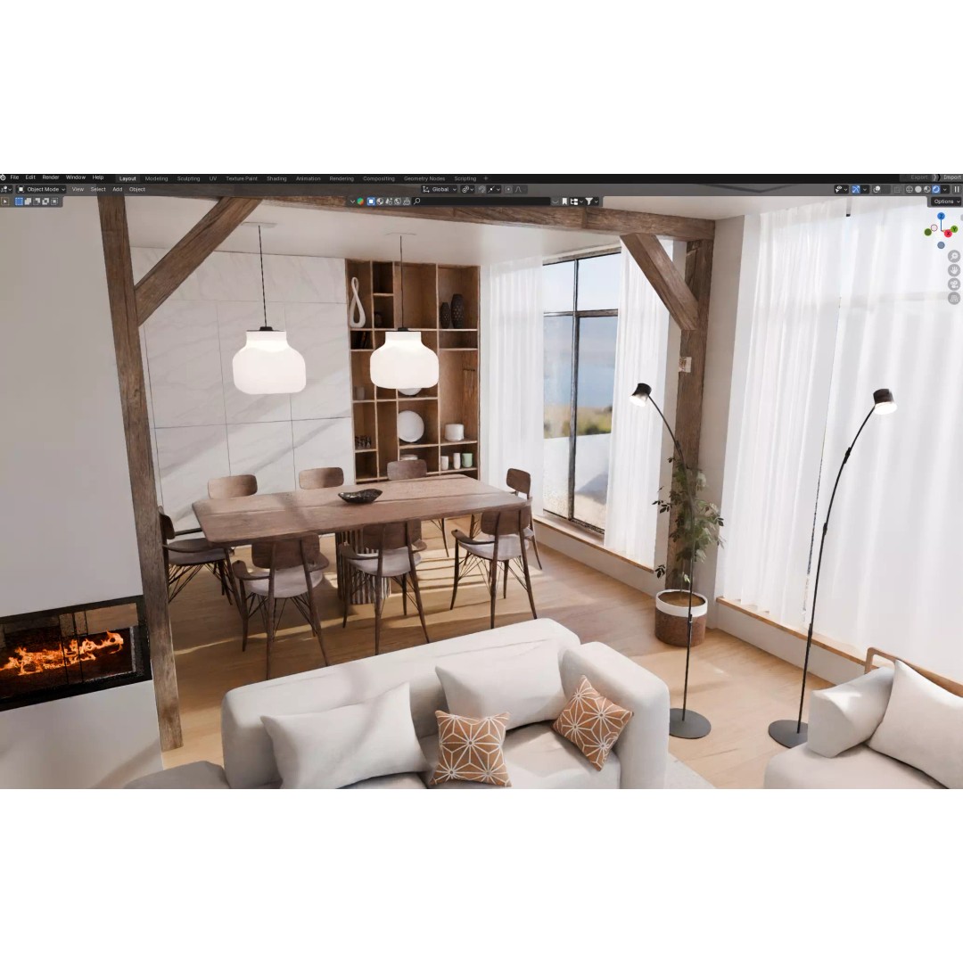 Modern Living Room and Dining Room 3D Model – High-Quality Blender Asset - View 4