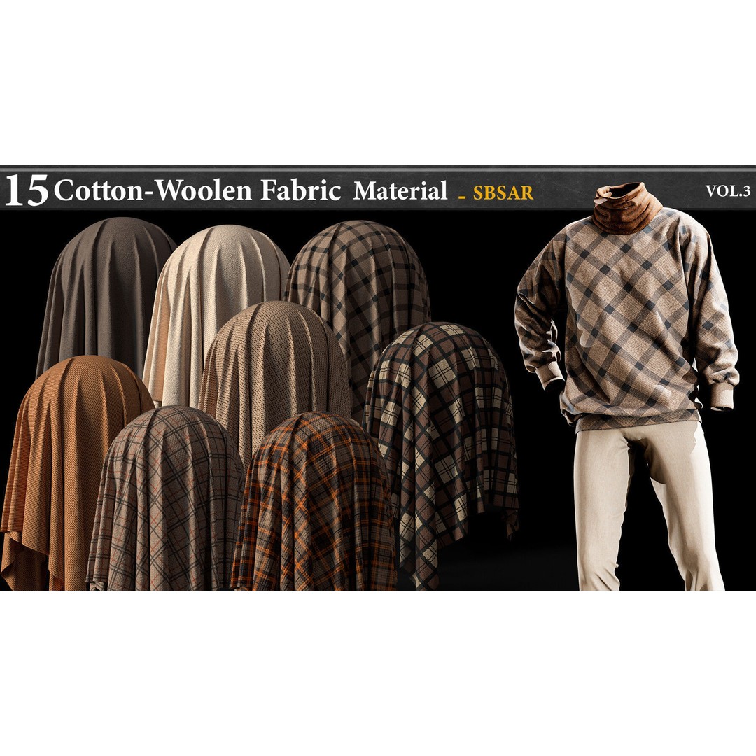 15 Cotton-Woolen Checkered Fabric Materials 3D Model – SBSAR Textures for Game Design - View 3