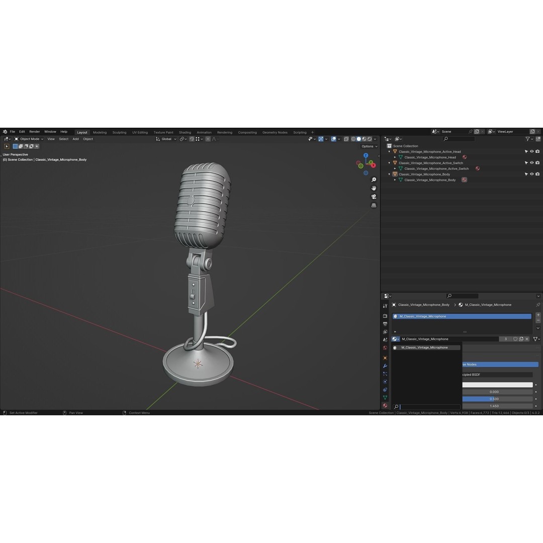 Classic Vintage Microphone 3D Model – Low Poly Game Asset, PBR Textures