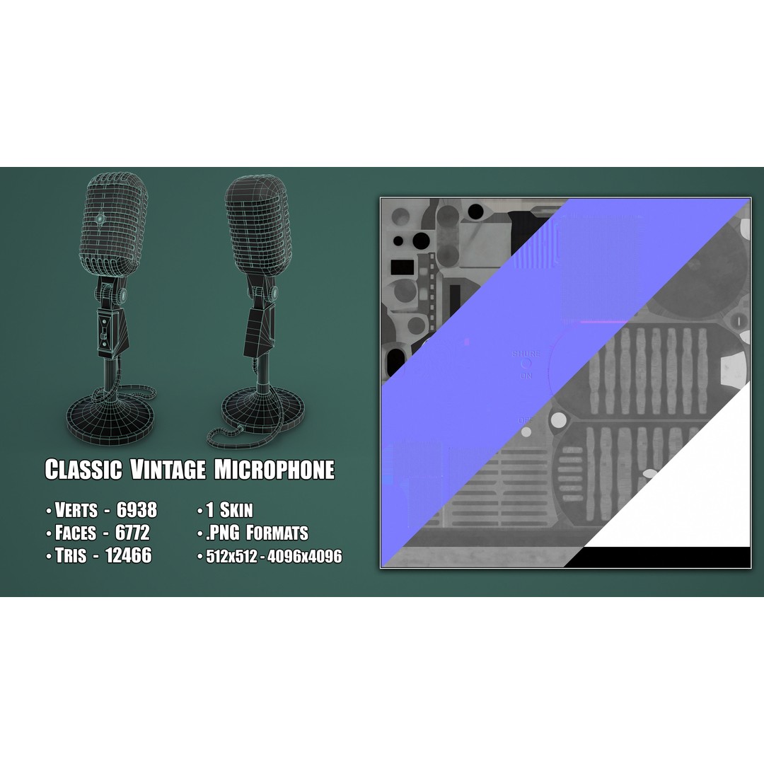 Classic Vintage Microphone 3D Model – Low Poly Game Asset, PBR Textures - View 4