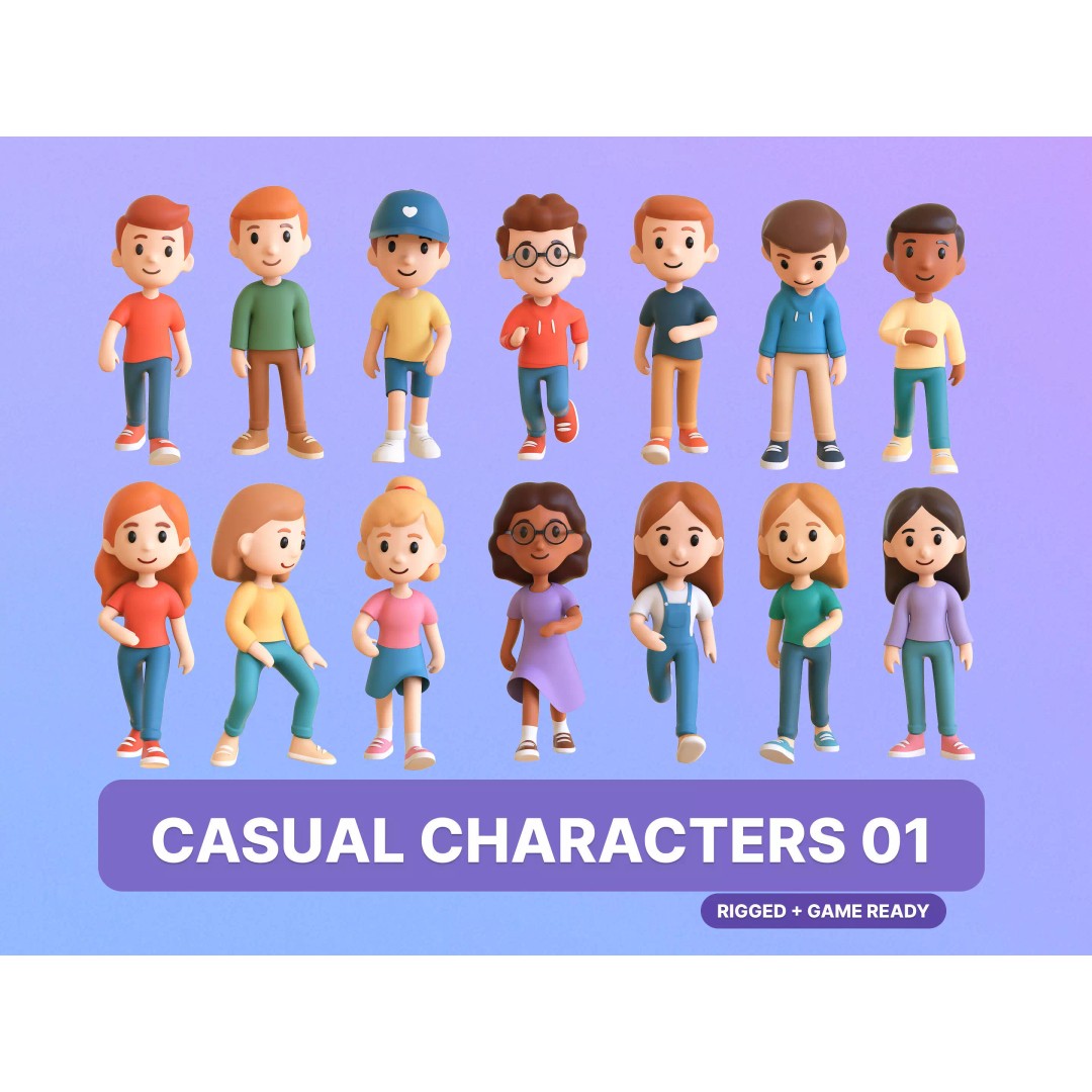 Casual Characters 01 3D Model – Low Poly Stylized Character Pack, FBX - View 2