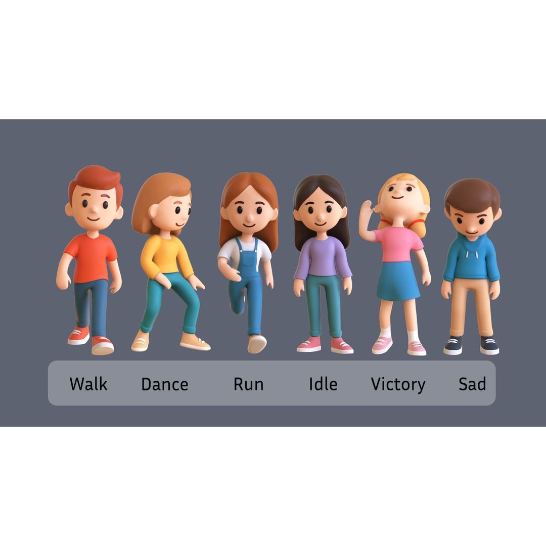 Casual Characters 01 3D Model – Low Poly Stylized Character Pack, FBX - View 6