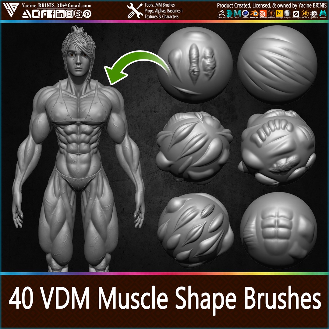 40 VDM Muscle Shape Brushes 3D Model – Low Poly ZBrush Asset - View 3
