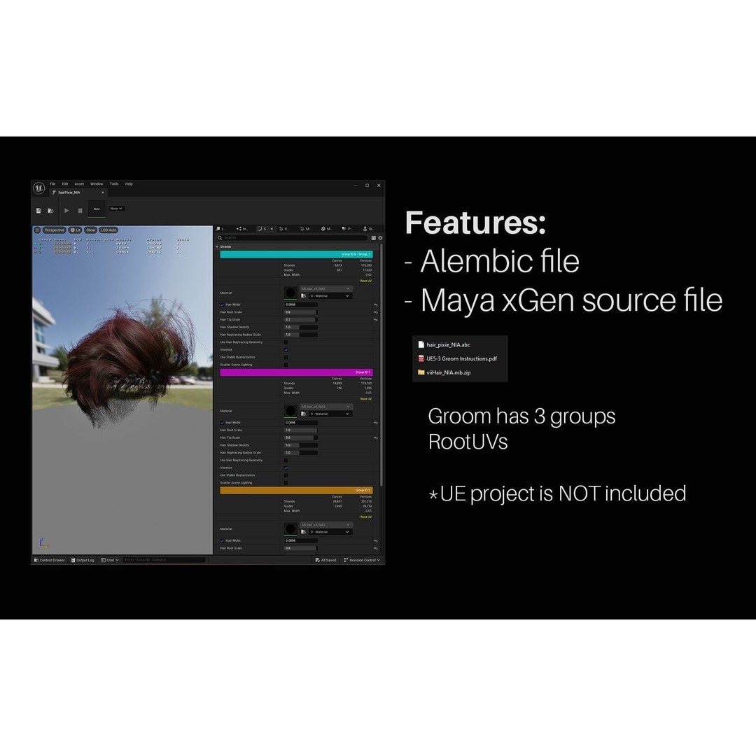 Pixie Hair 3D Model – Low Poly Alembic Asset for Unreal Engine 5 - View 4