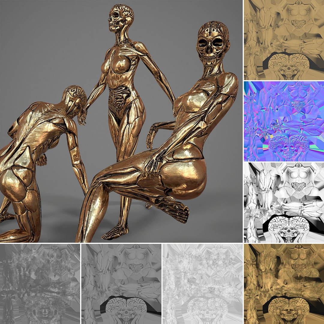 Gold Skullsuit Female Skeleton 3D Model – Low Poly Game Asset, OBJ - View 3