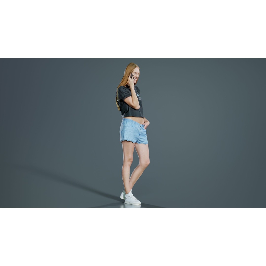 Woman 3D Model – Low Poly Character in Cat Shirt and Jeans Shorts - View 10